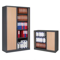 Two-coloured storage cabinets with curtain doors